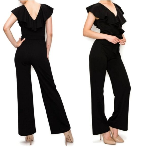 Janette Fashion Black Ruffle V-neck Wide Leg Sleeveless Casual Jumpsuit - Picture 4 of 4